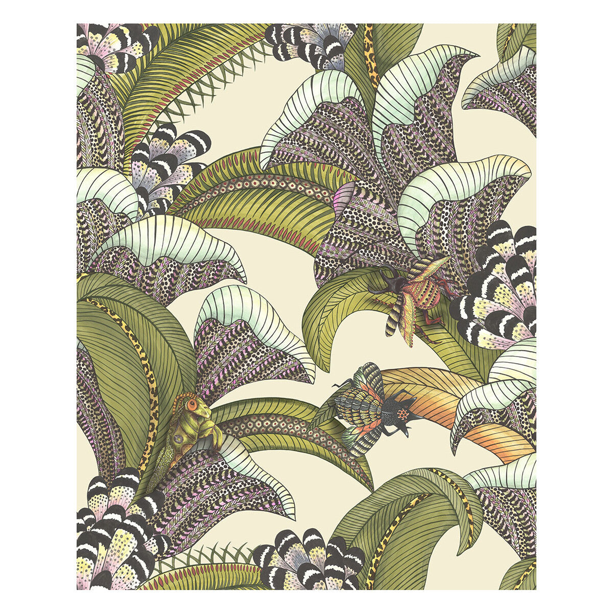 119/1001-CS HOOPOE LEAVES OLIVE/CHART/FUCHSIA ON CREAM COLE & SON Wallpaper