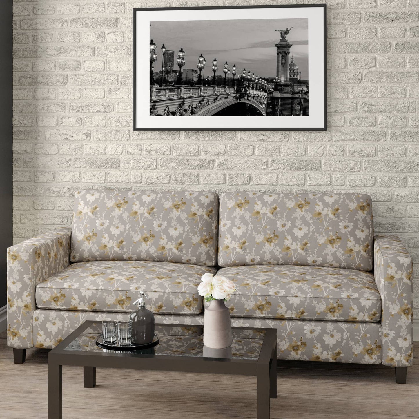 D2086 Floral Hazelwood Gold & Yellow,Grey & Silver Charlotte Fabrics