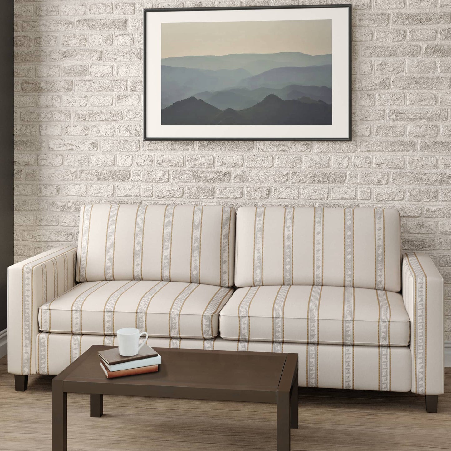 D2420 Greek Key,Stripe Linen Beige & Taupe Charlotte Fabrics