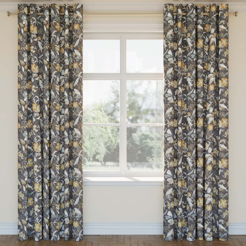 D2915 Floral Charcoal Gold & Yellow,Grey & Silver Charlotte Fabrics