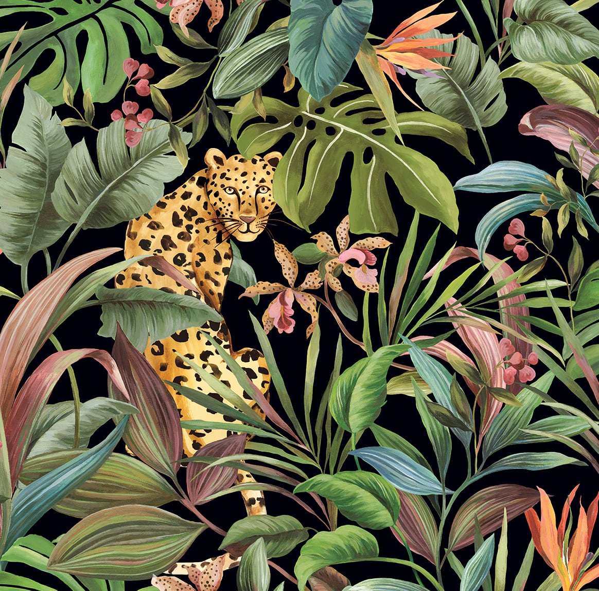 DB20100 Daisy Bennett Designs Daisy Bennett Peel and Stick Wallpaper Tropical Leopard Gloss Black