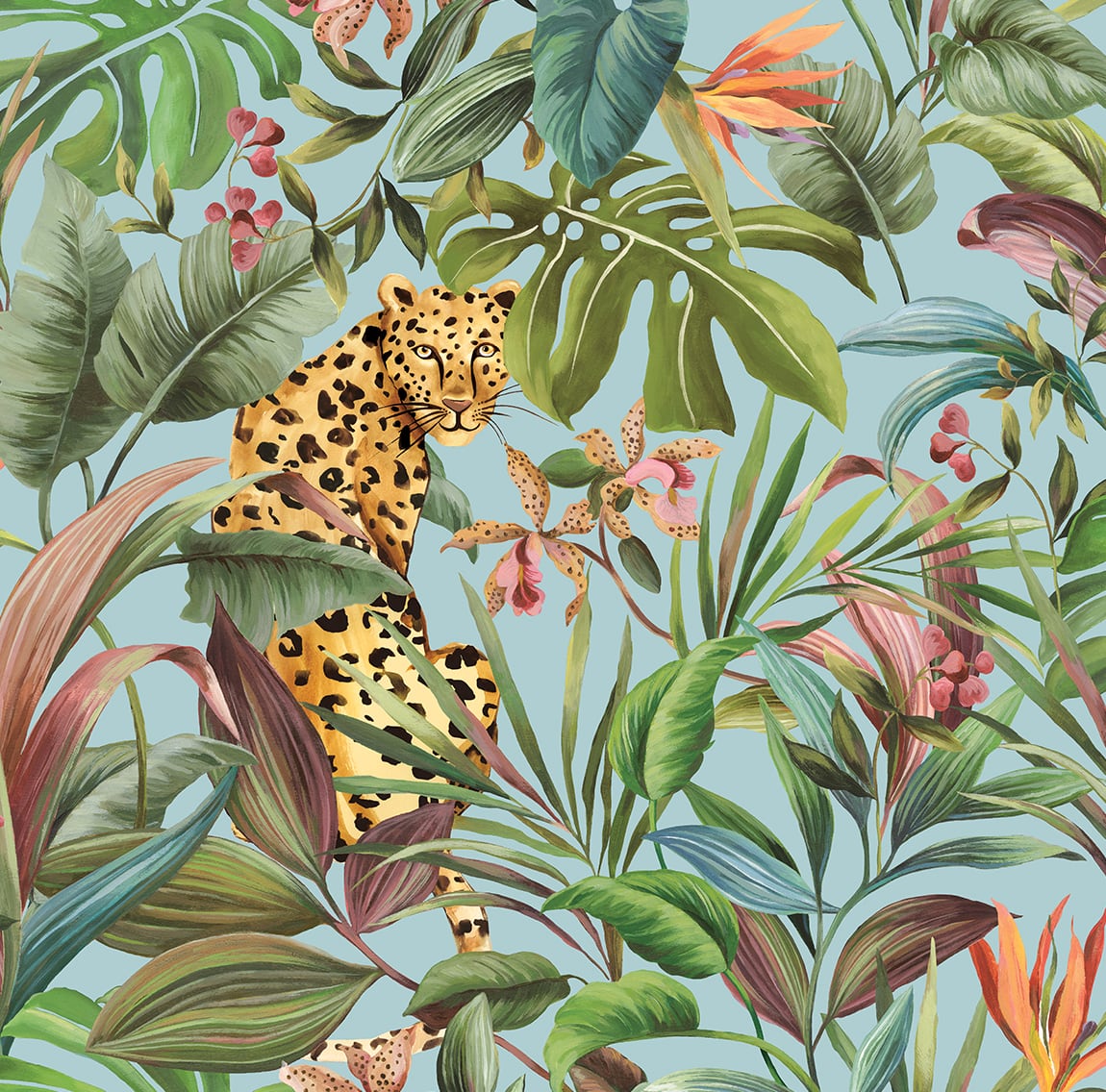 DB20102 Daisy Bennett Designs Daisy Bennett Peel and Stick Wallpaper Tropical Leopard Gloss Sky Blue