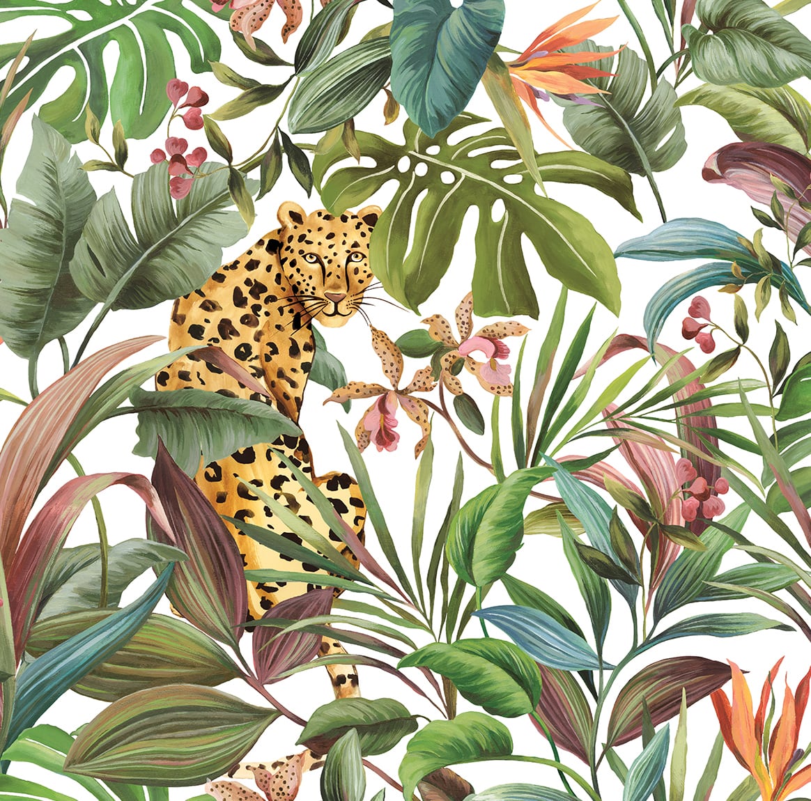 DB20105 Daisy Bennett Designs Daisy Bennett Peel and Stick Wallpaper Tropical Leopard Gloss White