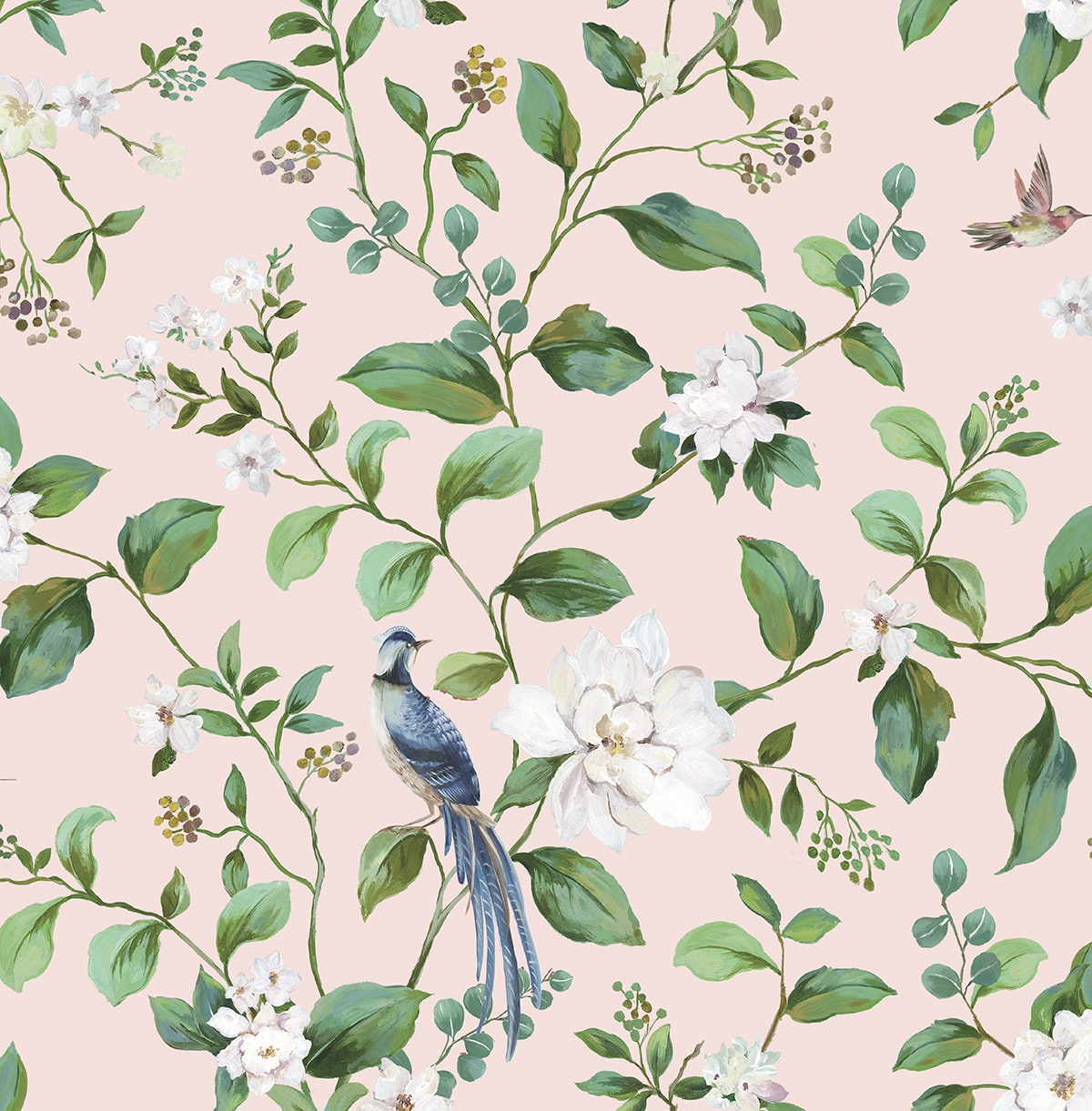 DB20801 Daisy Bennett Designs Daisy Bennett Peel and Stick Wallpaper Chinoiserie Bird Vine Blush
