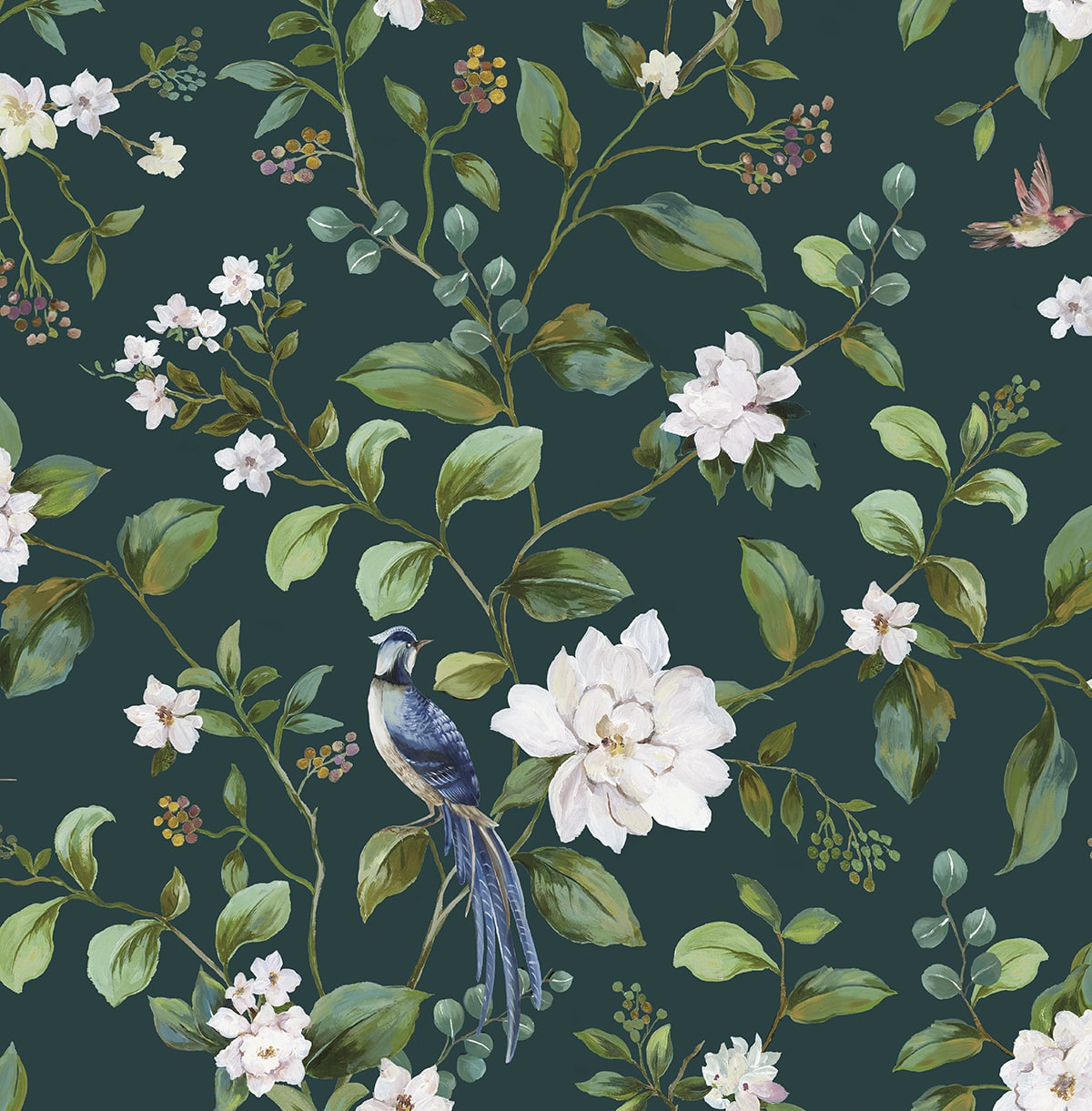 DB20814 Daisy Bennett Designs Daisy Bennett Peel and Stick Wallpaper Chinoiserie Bird Vine Teal