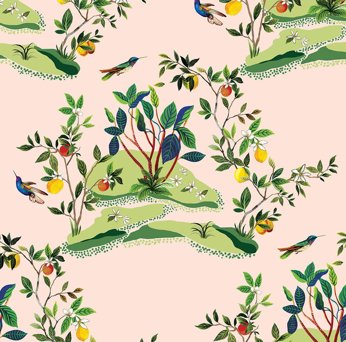 DBW9004 Daisy Bennett Designs West Boulevard Collection Wallpaper Citrus Hummingbird Blush