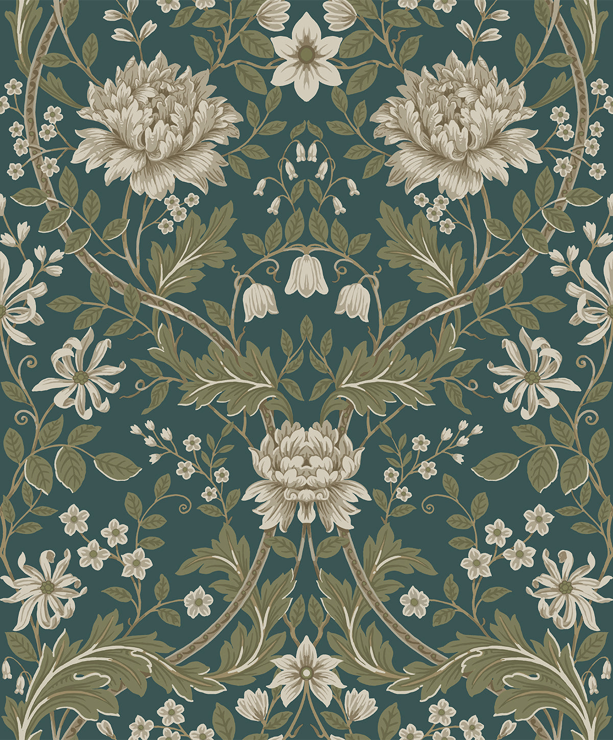 EP10004 Etten Studios Etten Prepasted Wallcoverings Wallpaper Honeysuckle Floral Prepasted Teal & Moss Green
