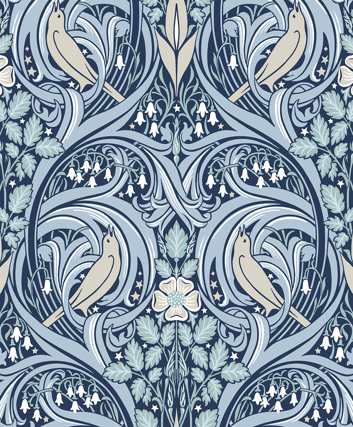 ET12202 Etten Studios Legacy Prints Wallpaper Bird Scroll Denim & Blue Mist