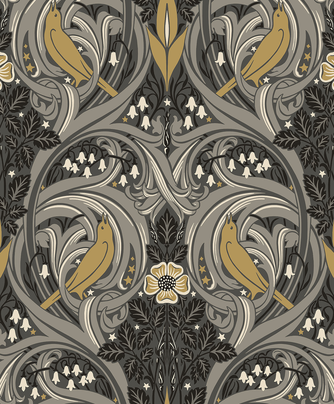 ET12208 Etten Studios Legacy Prints Wallpaper Bird Scroll Charcoal & Goldenrod