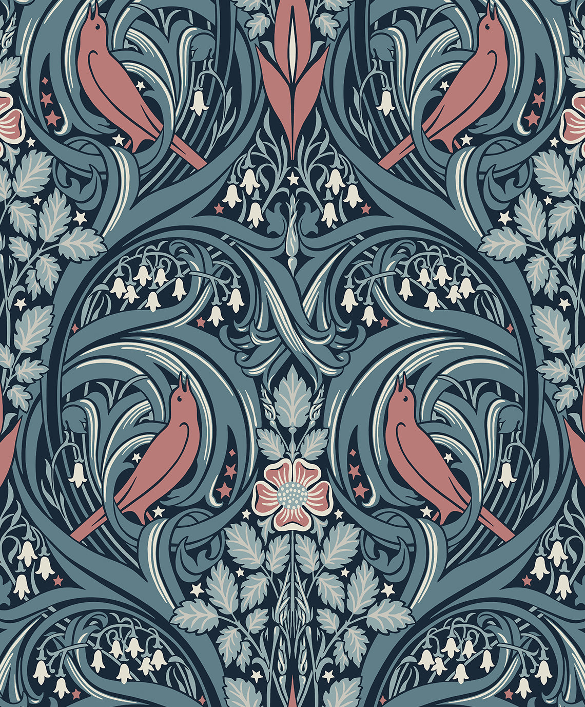 ET12222 Etten Studios Legacy Prints Wallpaper Bird Scroll Aegean Teal & Coral