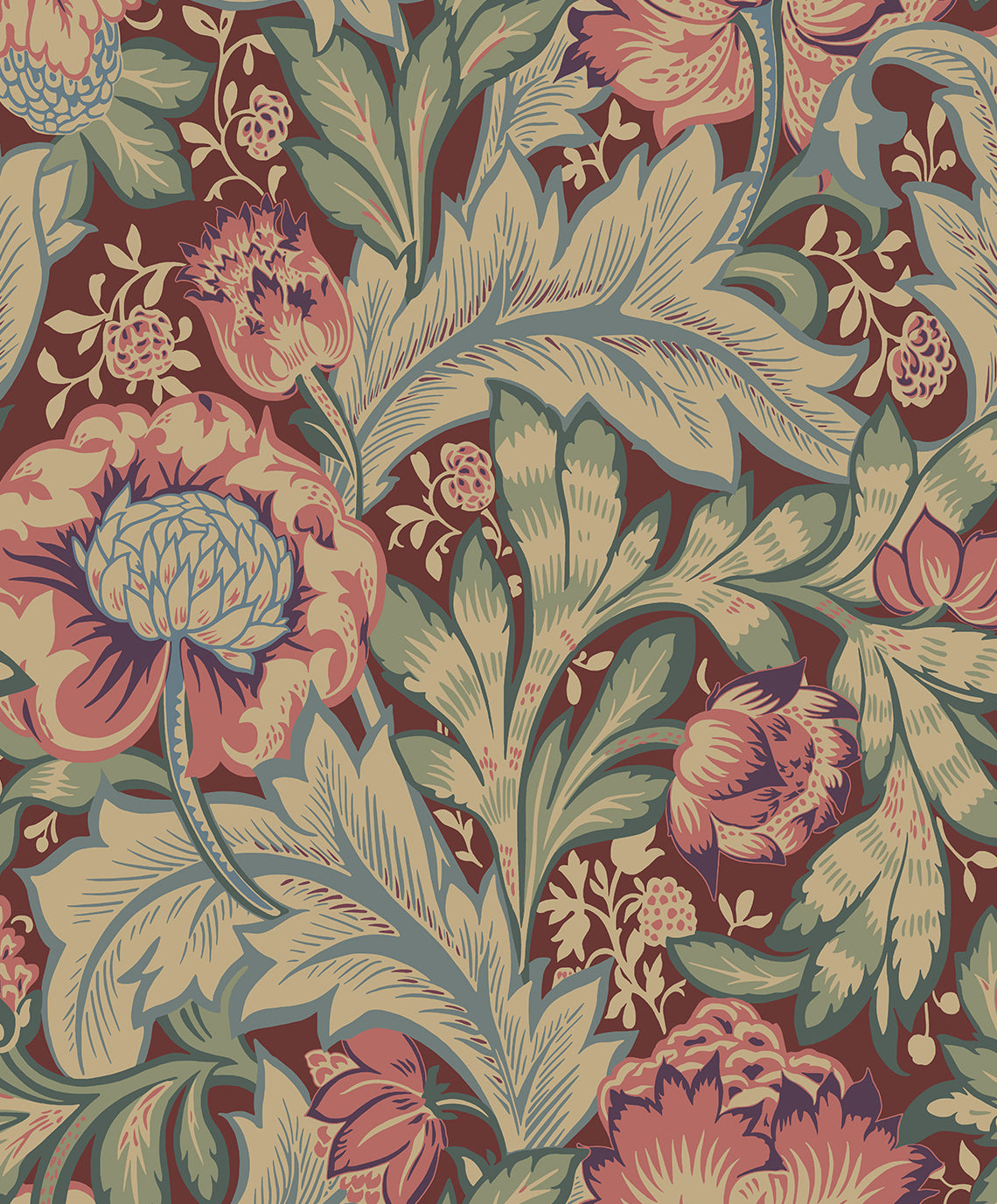 ET12301 Etten Studios Legacy Prints Wallpaper Acanthus Garden Deep Mauve & Aegean Blue