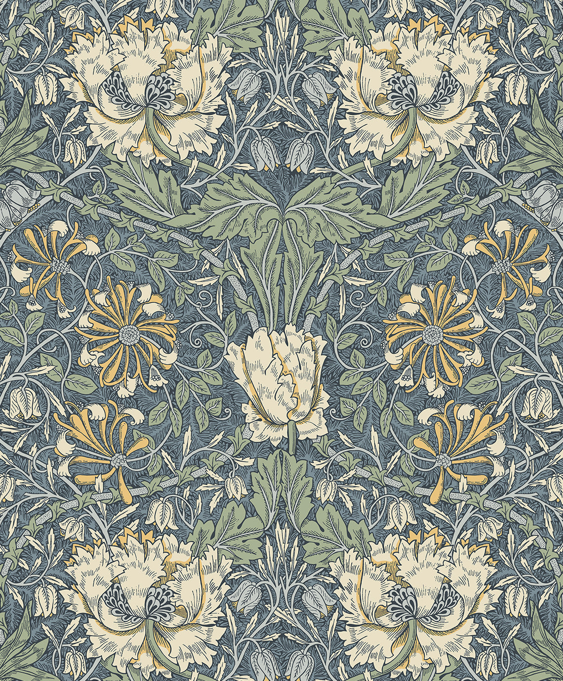 ET12602 Etten Studios Legacy Prints Wallpaper Ogee Flora Blue Lake & French Vanilla