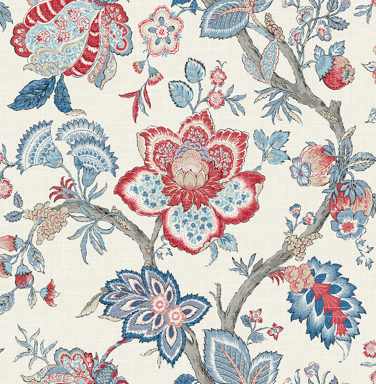 FC60401 Seabrook Designs French Country Wallpaper Bernadette Jacobean French Blue & Antique Ruby