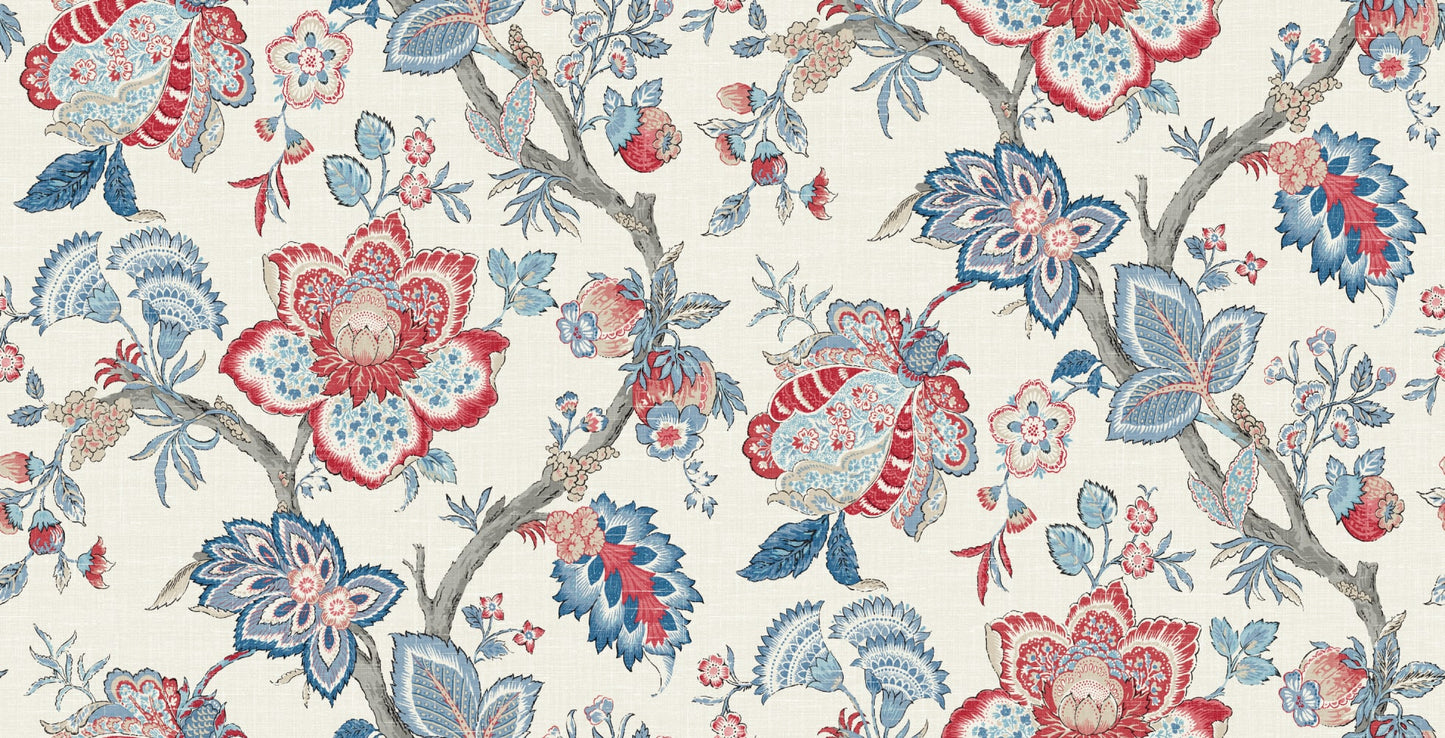 FC62601F Seabrook Designs French Country Fabric Bernadette Linen Fabric French Blue & Antique Ruby