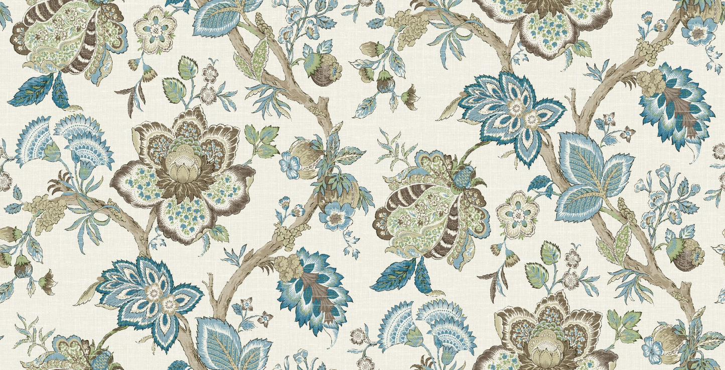 FC62606F Seabrook Designs French Country Fabric Bernadette Linen Fabric Hickory Smoke & Blue Bell