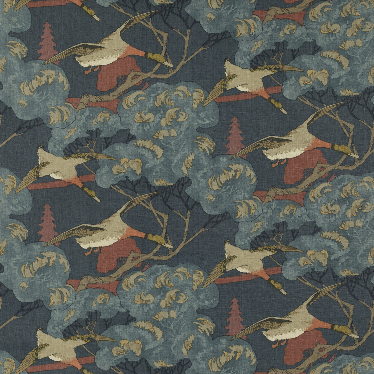 FD205-V110 FLYING DUCKS RED/BLUE MULBERRY Fabrics Drapery Upholstery