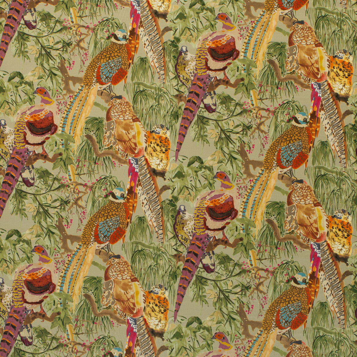 FD268-H46 GAME BIRDS VELVET FIG/MULTI MULBERRY Fabrics Drapery Upholstery
