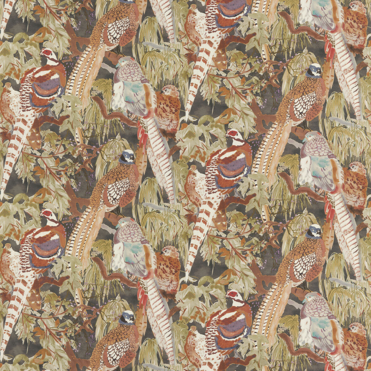 FD269-A101 GAME BIRDS LINEN CHARCOAL MULBERRY Fabrics Drapery Upholstery