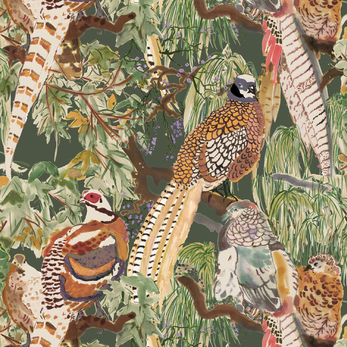 FG101-R102 GAME BIRDS FOREST MULBERRY Wallpaper