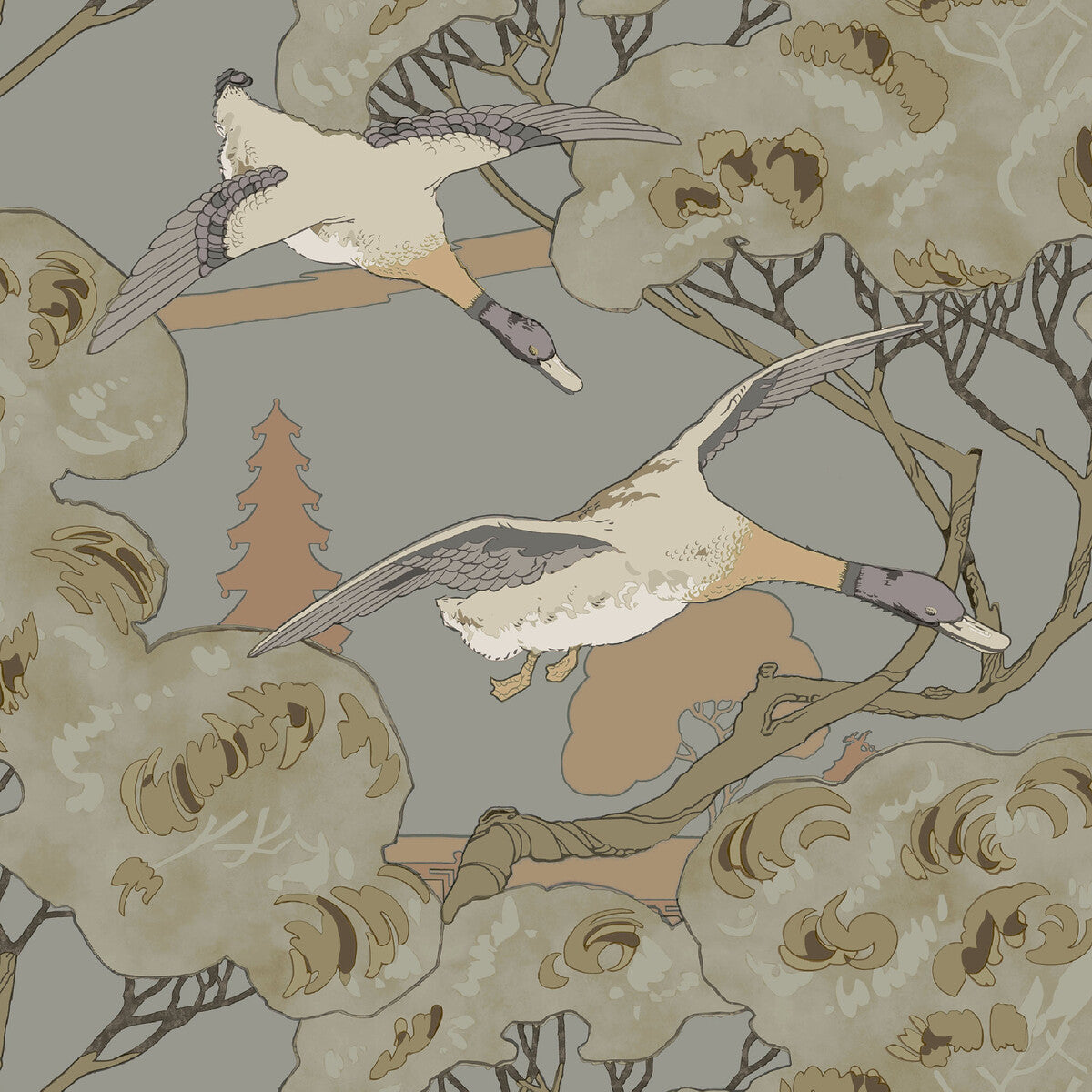 FG102-A116 GRAND FLYING DUCKS GREY/BLUE MULBERRY Wallpaper