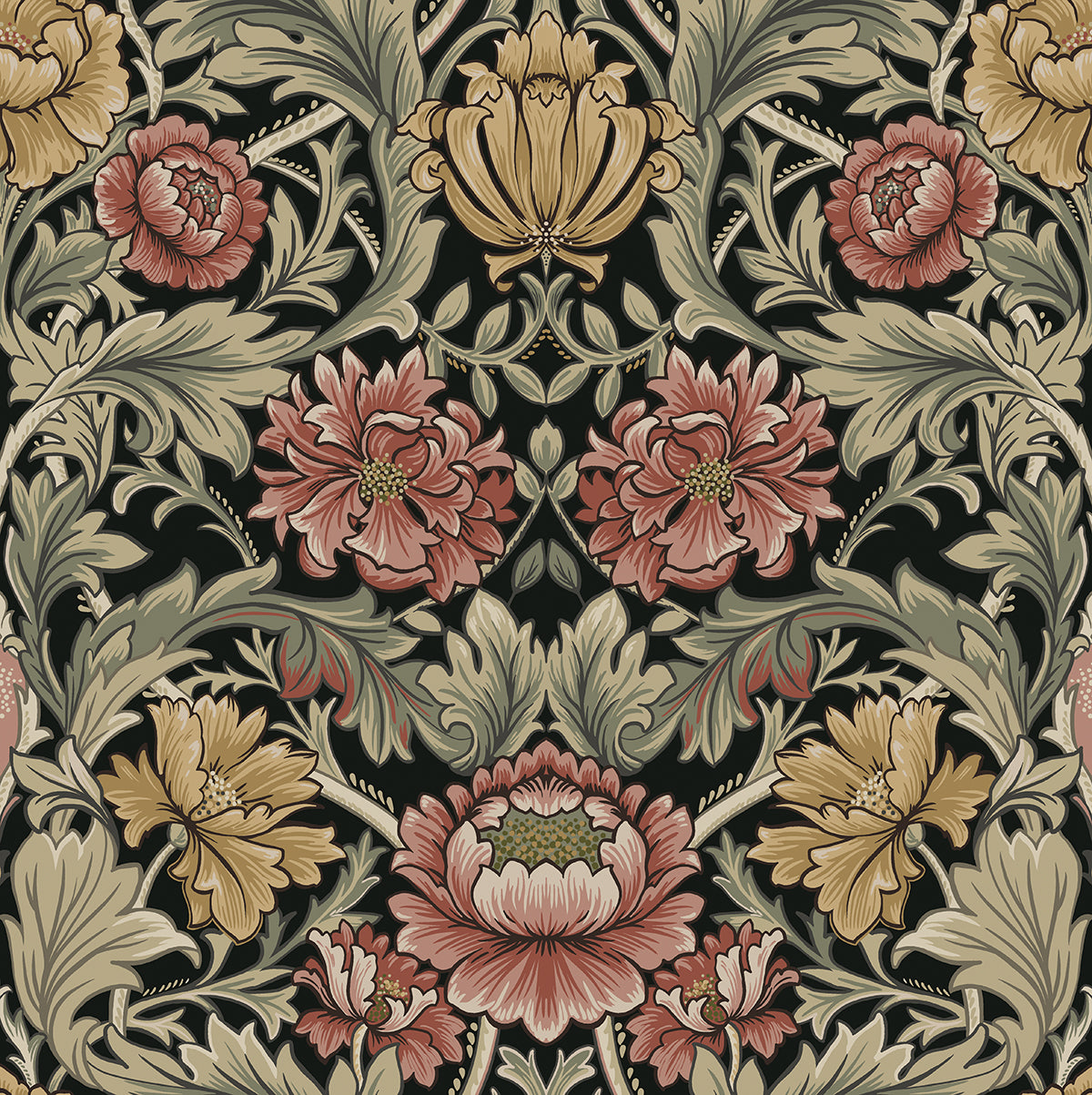 HG14000 Harry & Grace Harry & Grace Peel and Stick Wallpaper Acanthus Floral Cameo Ebony