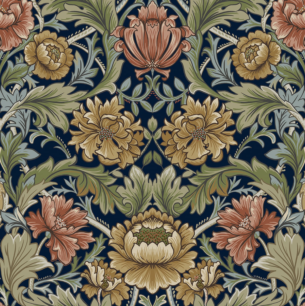 HG14002 Harry & Grace Harry & Grace Peel and Stick Wallpaper Acanthus Floral Cameo Dark Blue