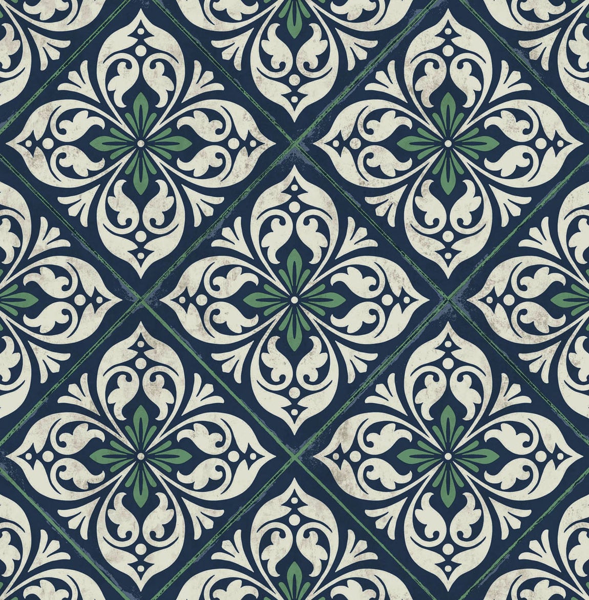 LN11012 Lillian August Luxe Retreat Wallpaper Plumosa Tile Midnight Blue and Spearmint