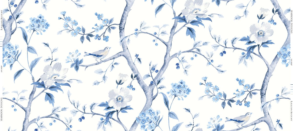 LN11902F Lillian August Luxe Retreat Fabric Southport Floral Trail Fabric Eggshell and Blue Shale