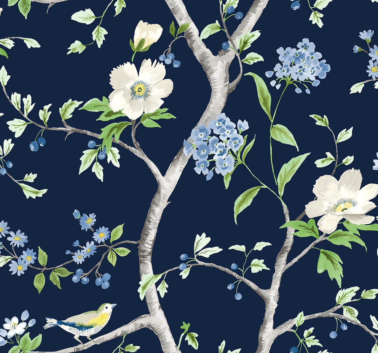 LN21312 Lillian August Lillian August Peel and Stick Wallpaper Floral Trail Navy Blue & Spring Green