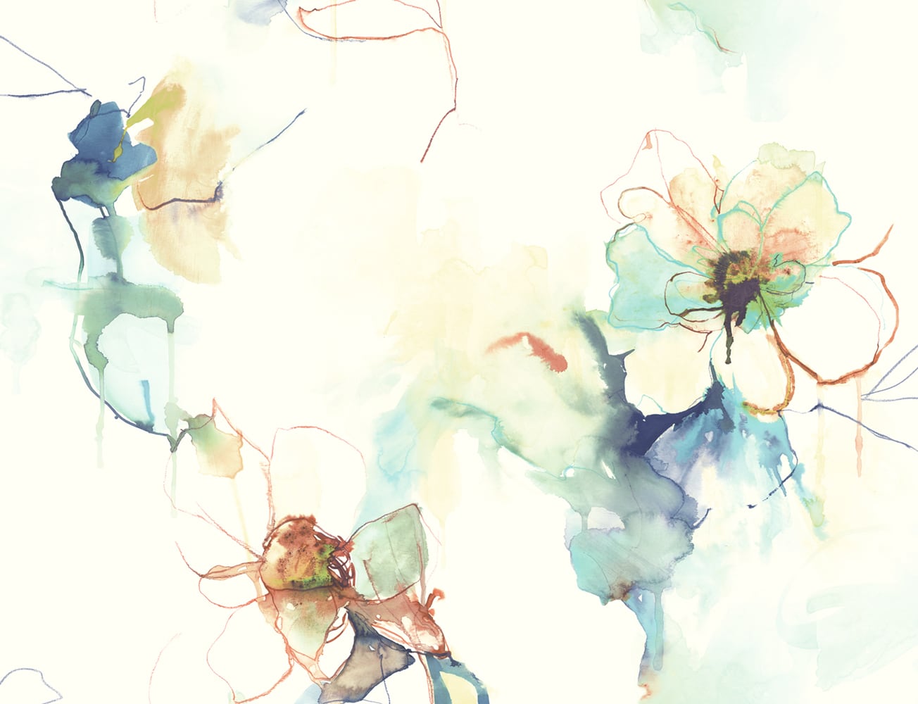 LW50006 Seabrook Designs Living with Art Wallpaper Anemone Watercolor Floral Turquoise and Persimmon