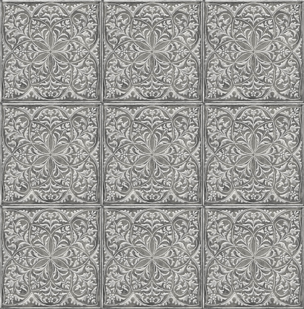 NW36200 NextWall NextWall Peel & Stick Wallpaper Faux Embossed Tile Metallic Silver & Charcoal