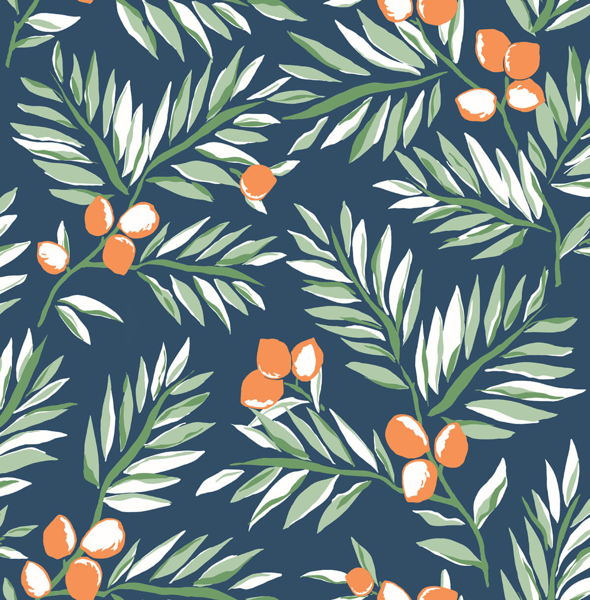 NW36702 NextWall NextWall Peel & Stick Wallpaper Citrus Branch Navy, Sage, & Orange
