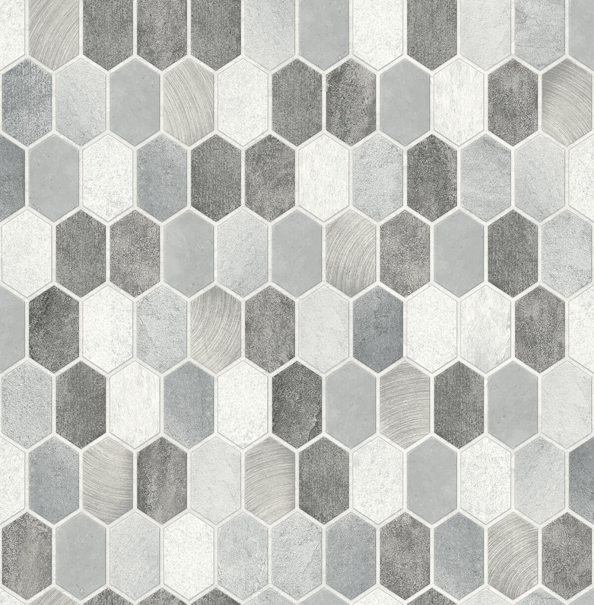 NW38803 NextWall NextWall Peel & Stick Wallpaper Brushed Hex Tile Icy Grey & Nickel