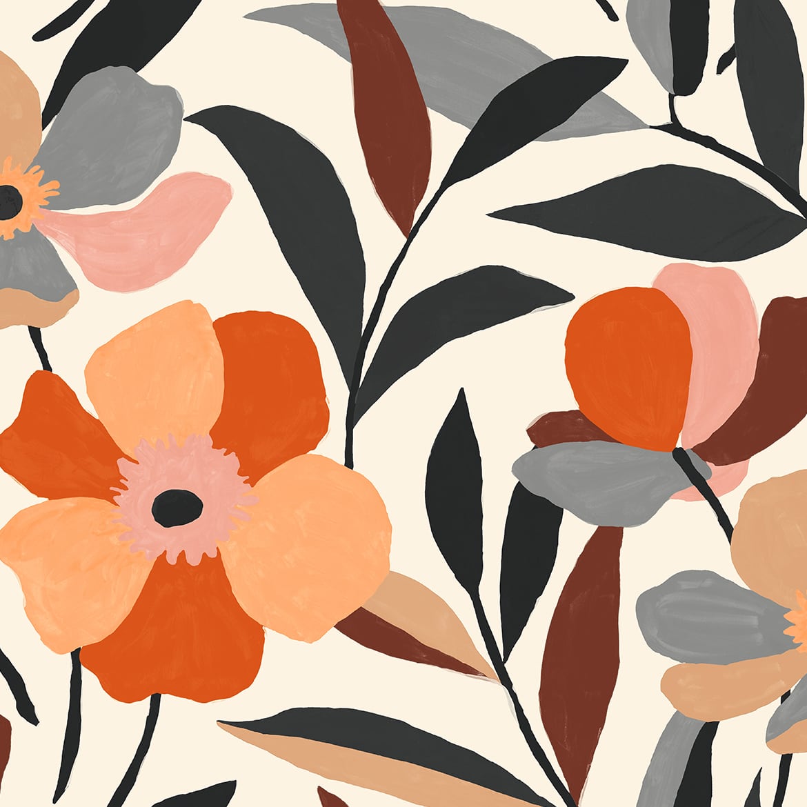 NW45306 NextWall NextWall Peel & Stick Wallpaper Garden Block Floral Orange & Ebony