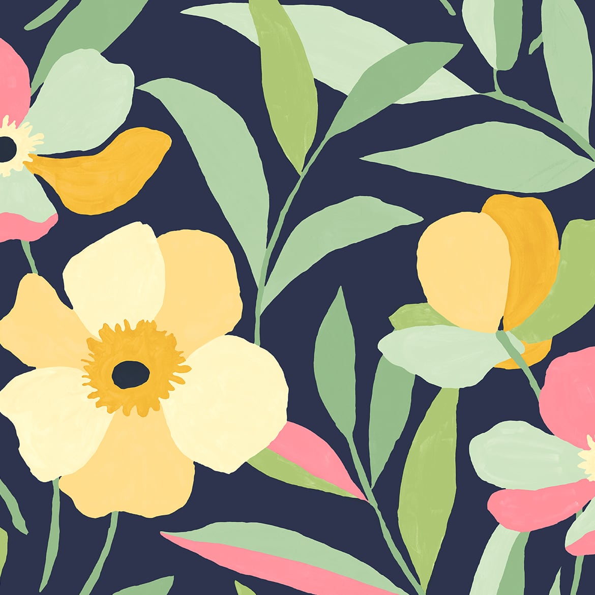 NW45309 NextWall NextWall Peel & Stick Wallpaper Garden Block Floral Deep Navy & Pastels