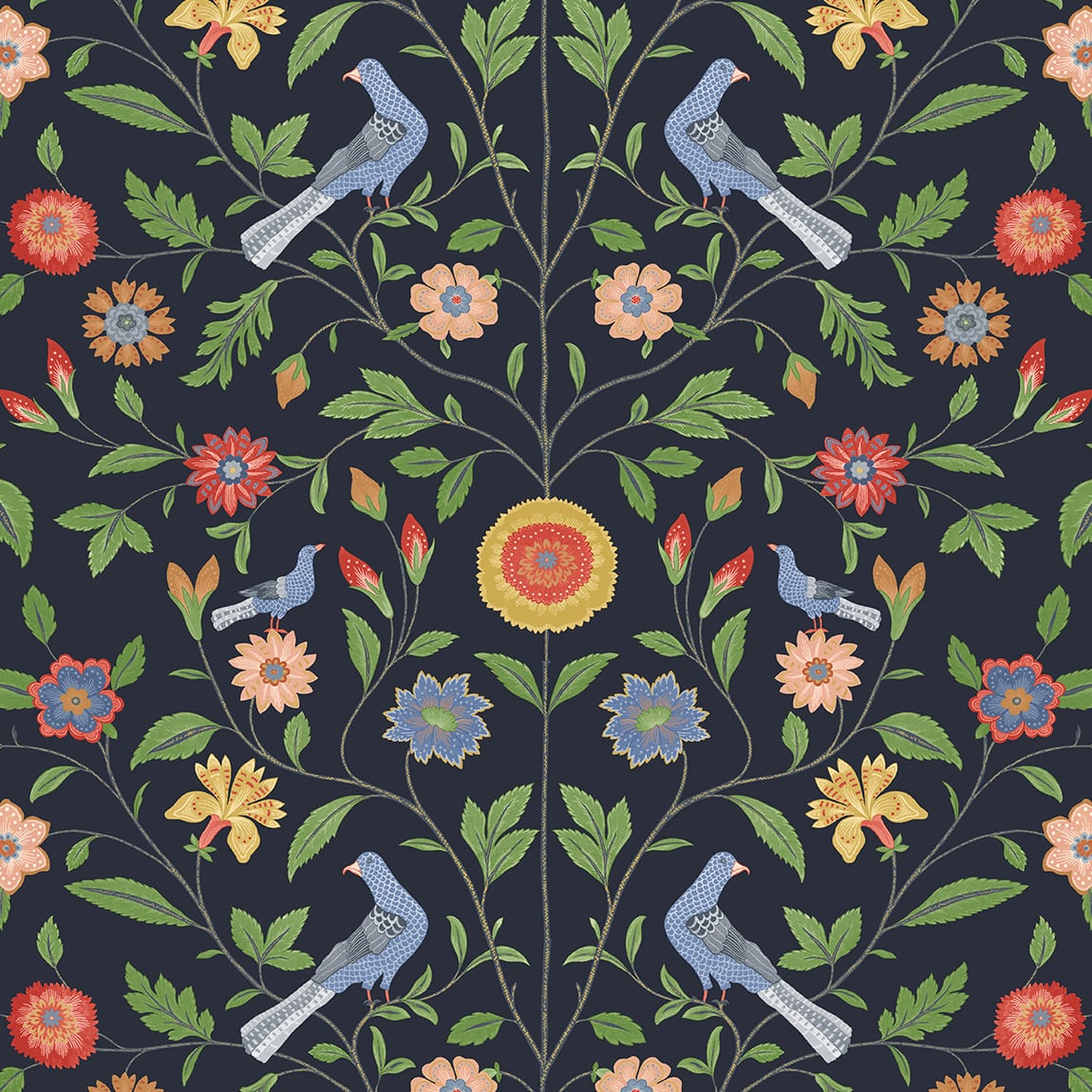 NW45902 NextWall NextWall Peel & Stick Wallpaper Bird Toile Midnight Blue