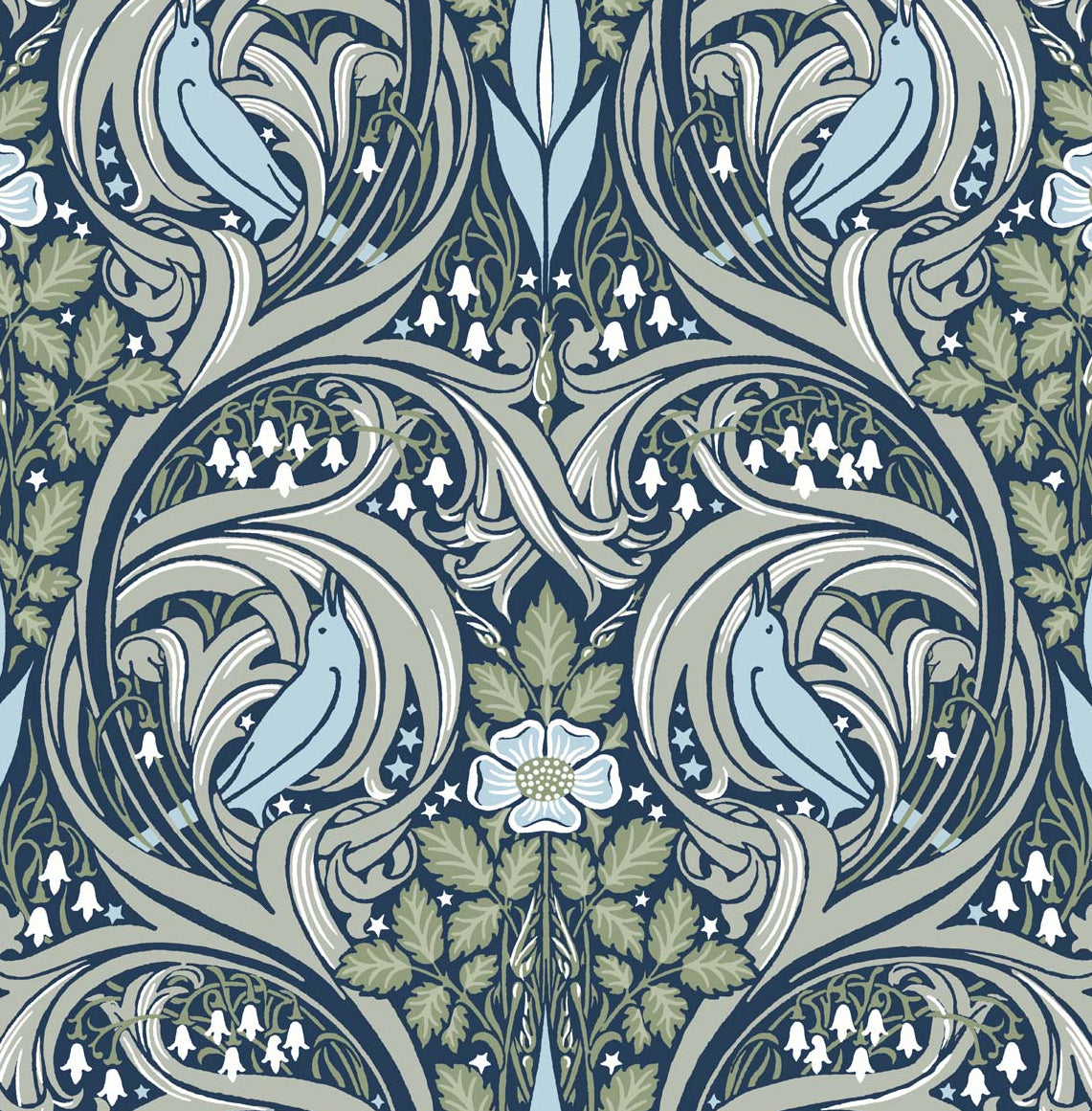 NW46204 NextWall NextWall Peel & Stick Wallpaper Bird Ogee Navy & Fern Green