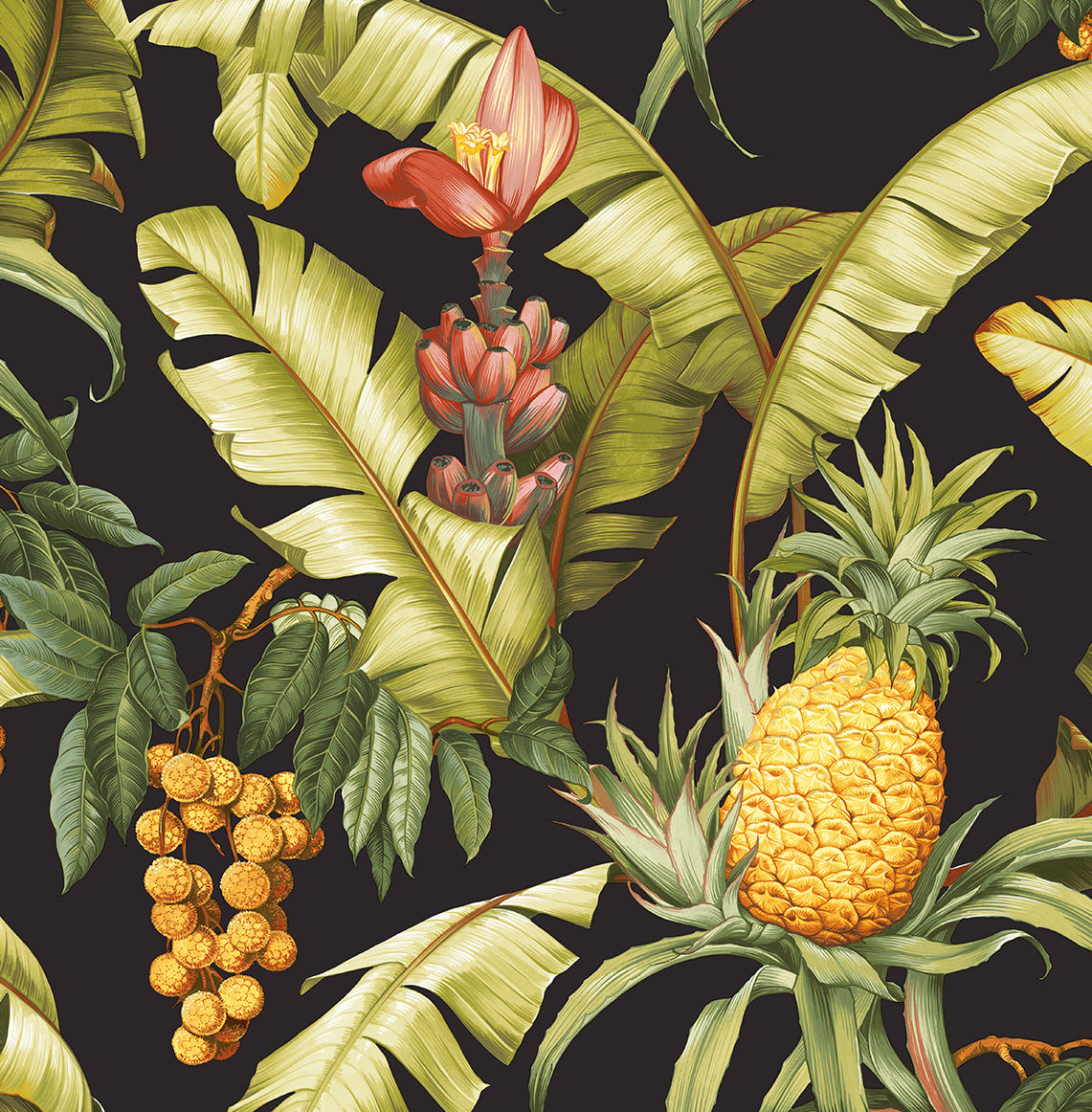 NW46300 NextWall NextWall Peel & Stick Wallpaper Pineapple Floral Ebony