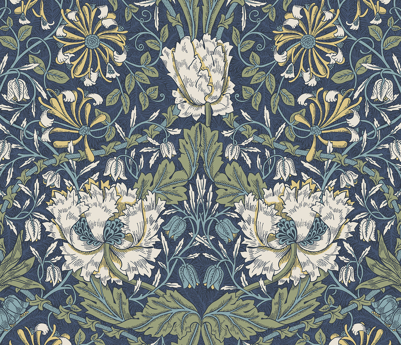 NW48202 NextWall NextWall Peel & Stick Wallpaper Ogee Flora Indigo Dye & Sage