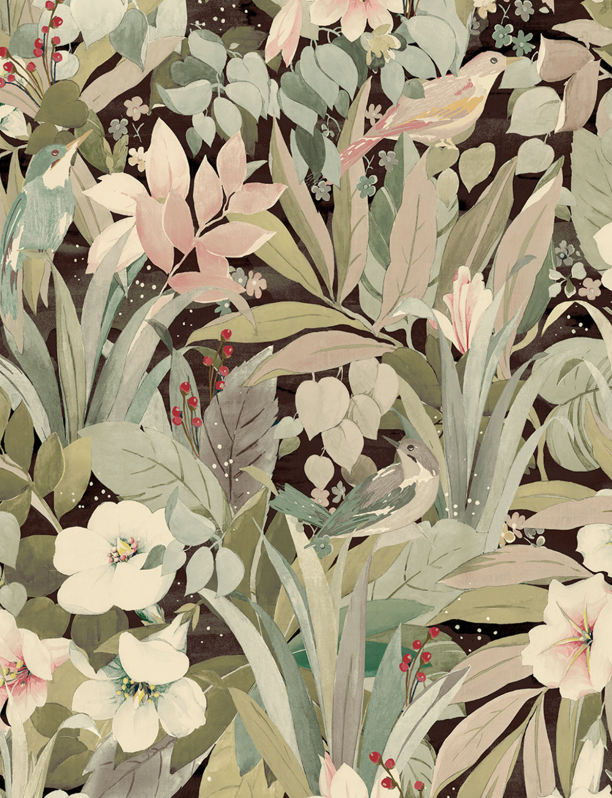 NW52506 NextWall NextWall Peel & Stick Wallpaper Blossoming Birds Sage & Ash Brown
