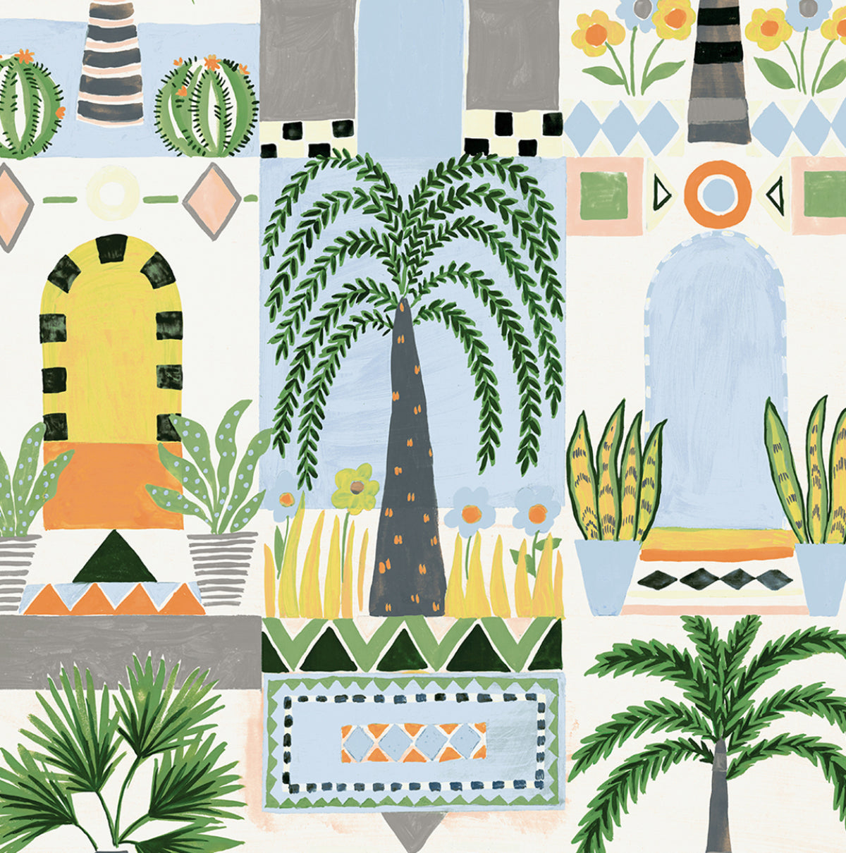 NW52600 NextWall NextWall Peel & Stick Wallpaper Tropical Facade Sky Blue & Off-White