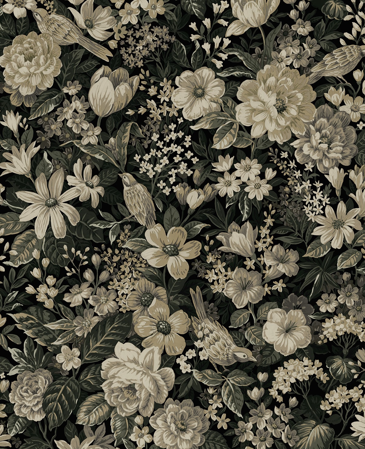NW58500 NextWall NextWall Peel & Stick Wallpaper Vintage Bird Garden Ebony & Pale Fern