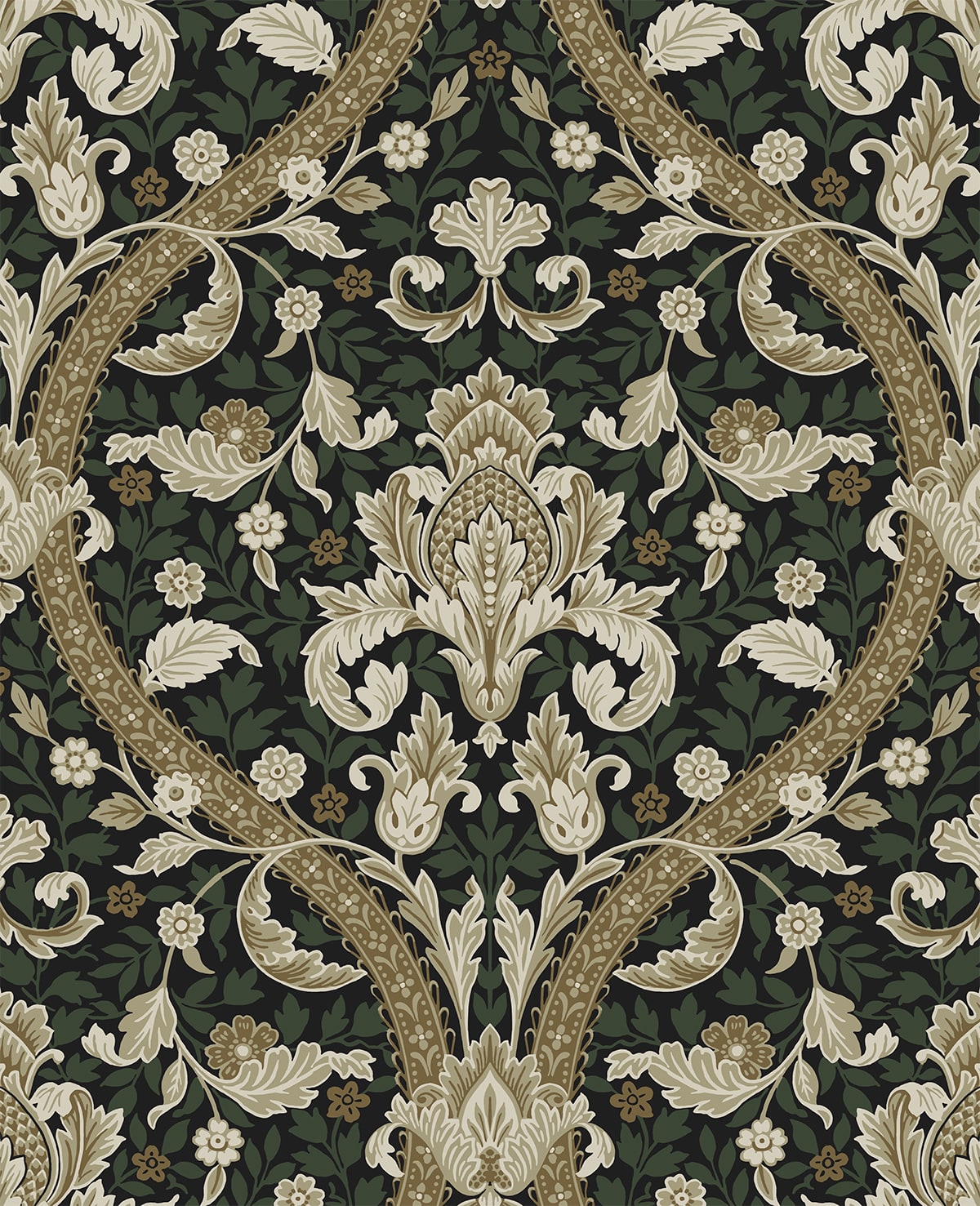 NW59004 NextWall NextWall Peel & Stick Wallpaper Acanthus Ogee Ebony & Green