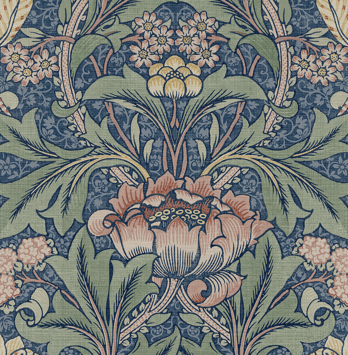 PR10002 Seabrook Designs Prepasted Online Wallpaper Acanthus Floral Prepasted Denim Blue & Salmon
