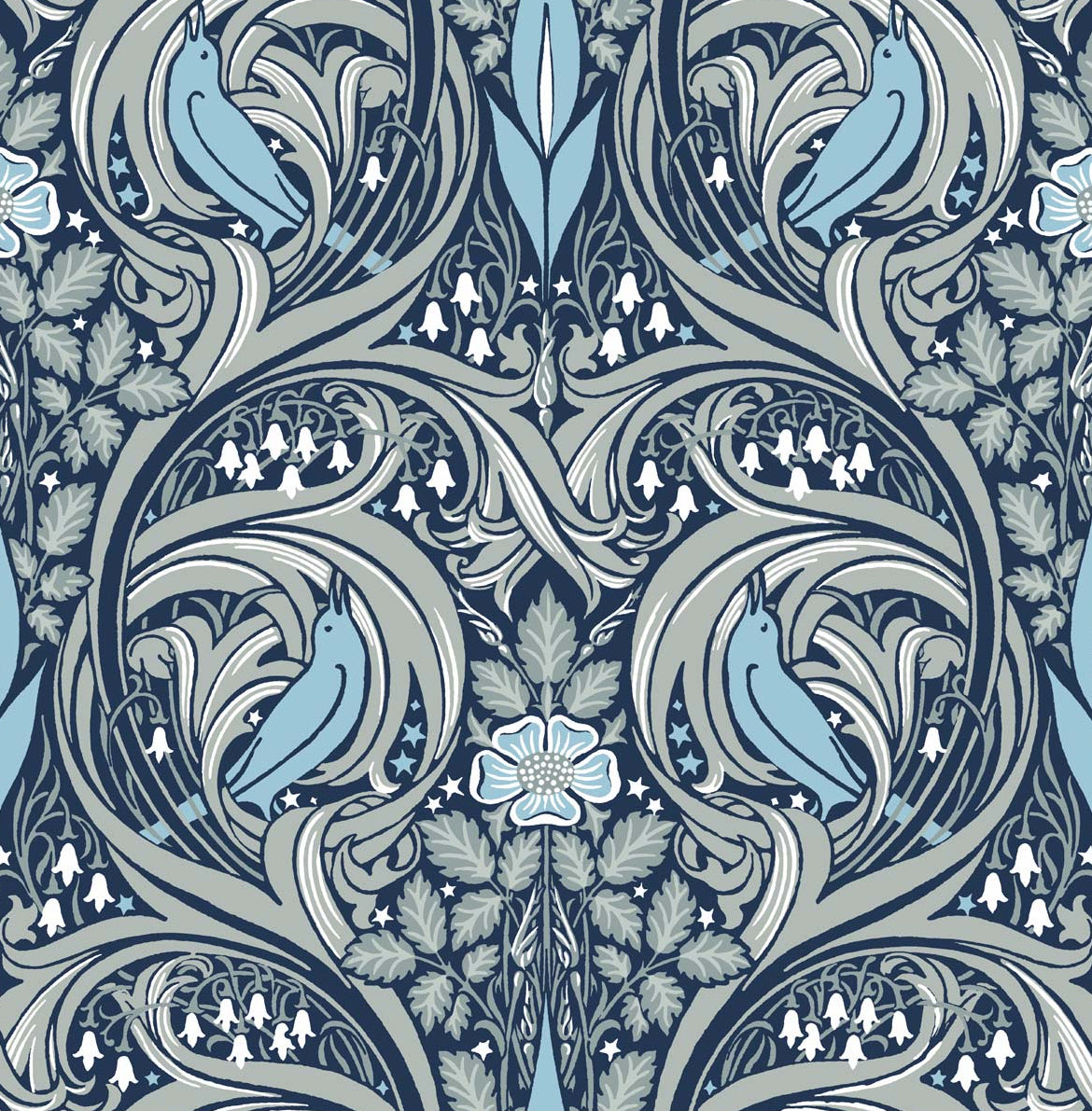 PR10302 Seabrook Designs Prepasted Online Wallpaper Bird Ogee Prepasted Navy & Sky Blue
