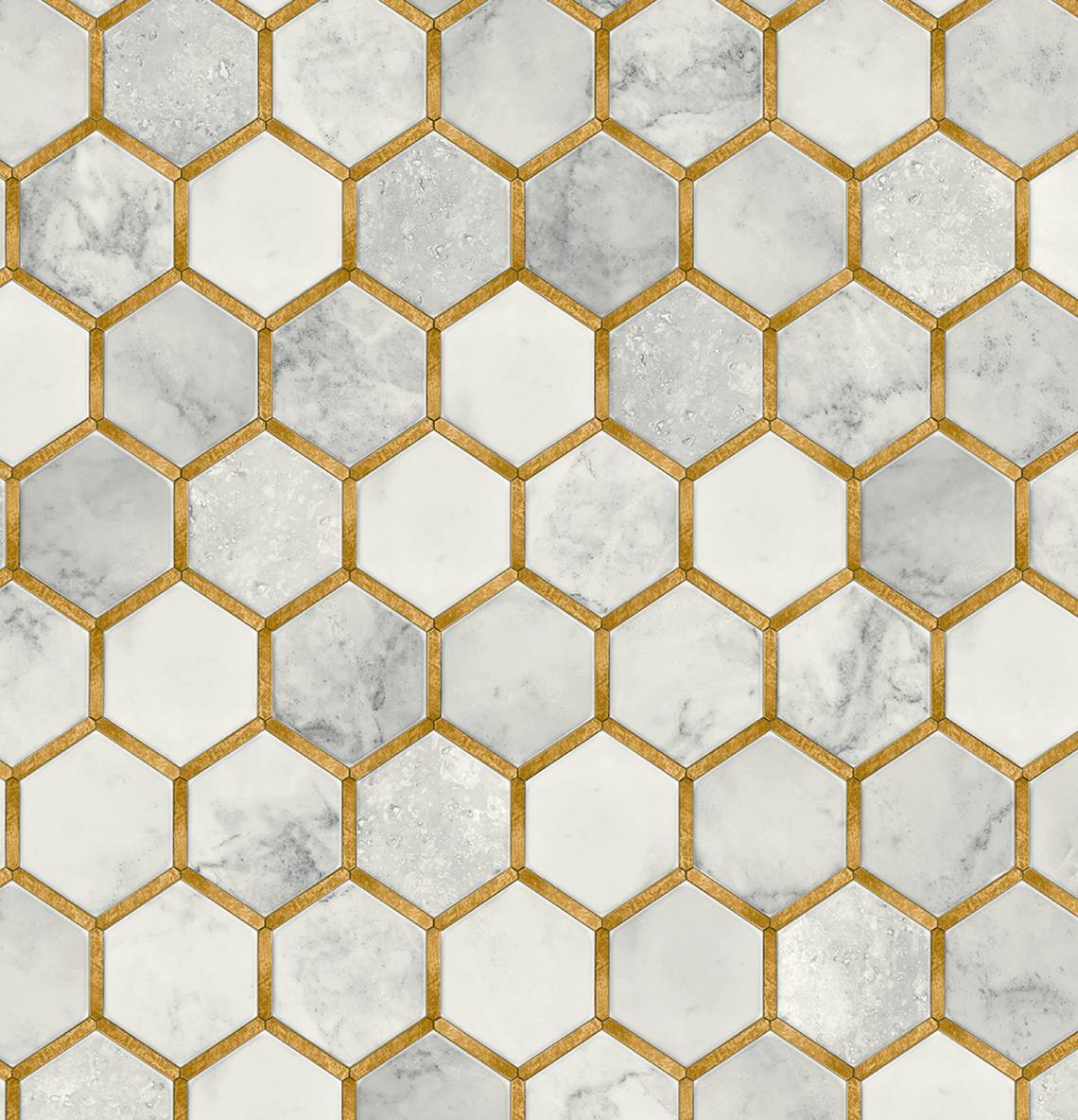 PR12905 Seabrook Designs Prepasted Online Wallpaper Faux Hex Tile Alaska Grey & Metallic Gold