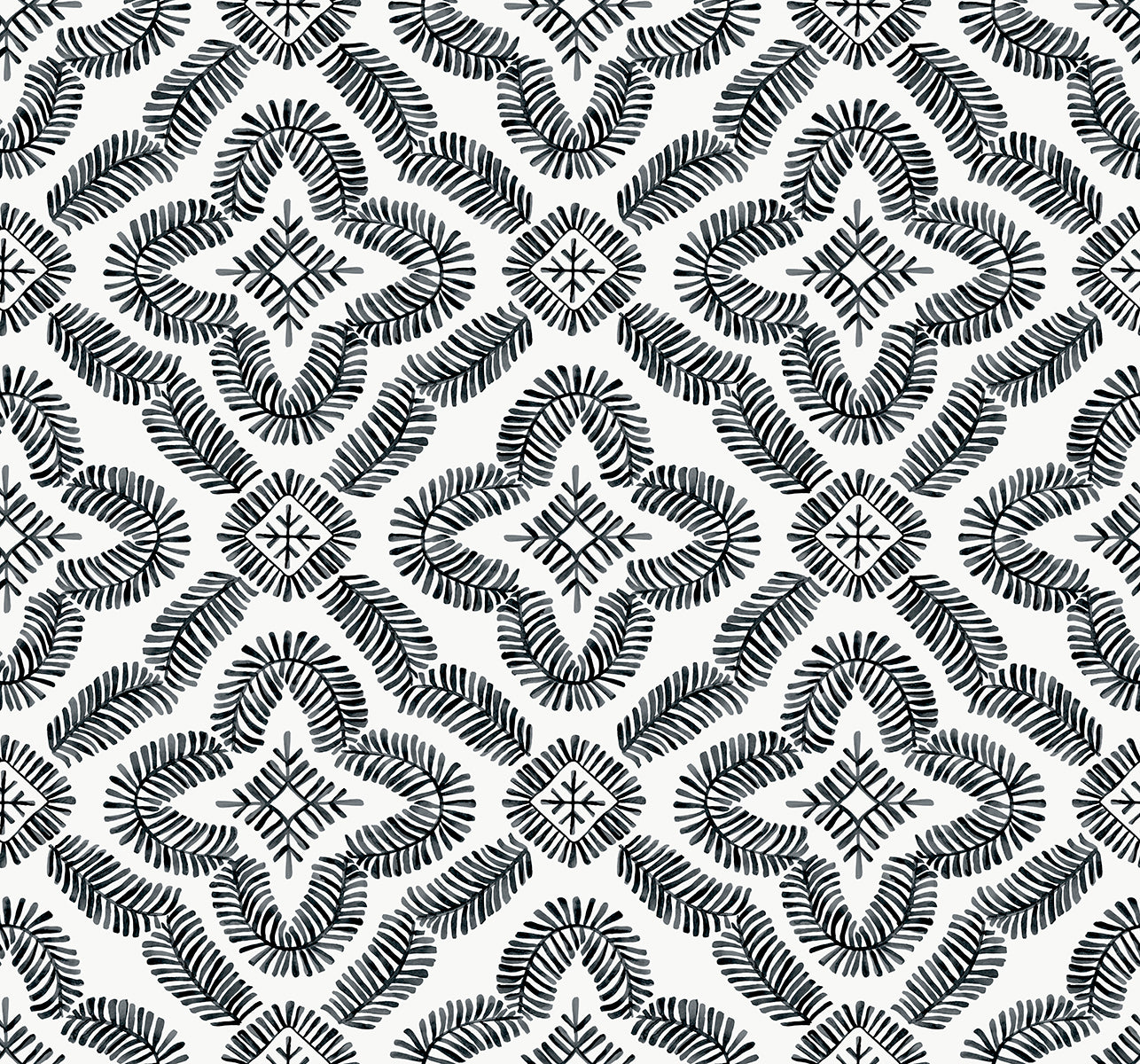 SC21300 Seabrook Designs Summer House Wallpaper Talia Botanical Medallion Black and White