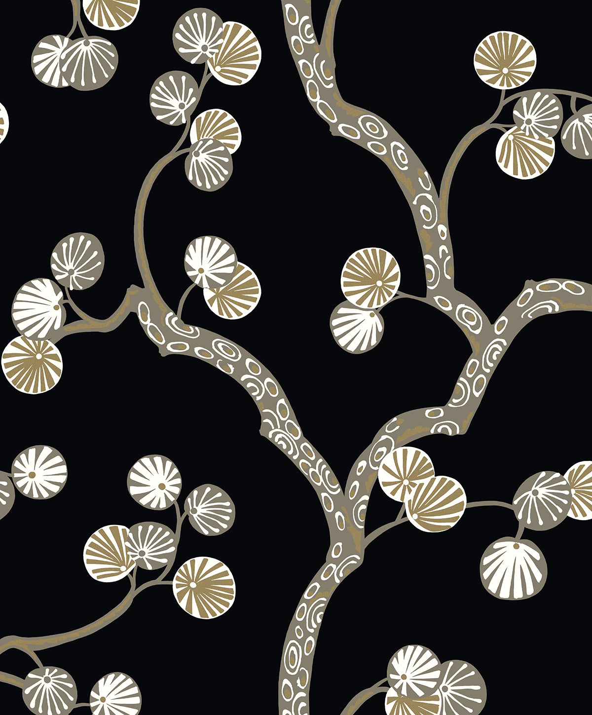 WH41005 Seabrook Designs Piano Wallpaper Allegra Branches Jet Black & Metallic Gold