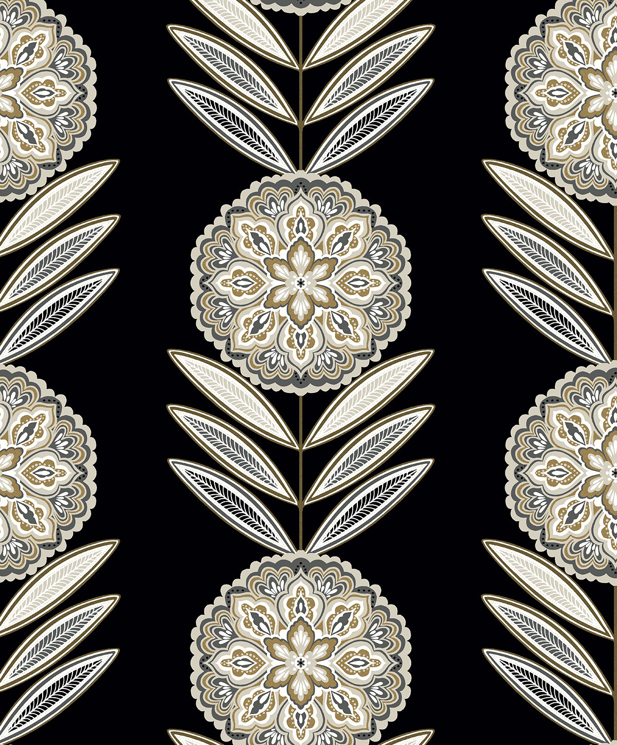 WH41105 Seabrook Designs Piano Wallpaper Belle Floral Stripe Black Tie & Metallic Gold