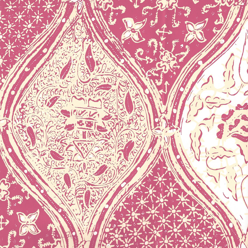 6630-05WP BALINESE BATIK Magenta Cream On White Quadrille Wallpaper